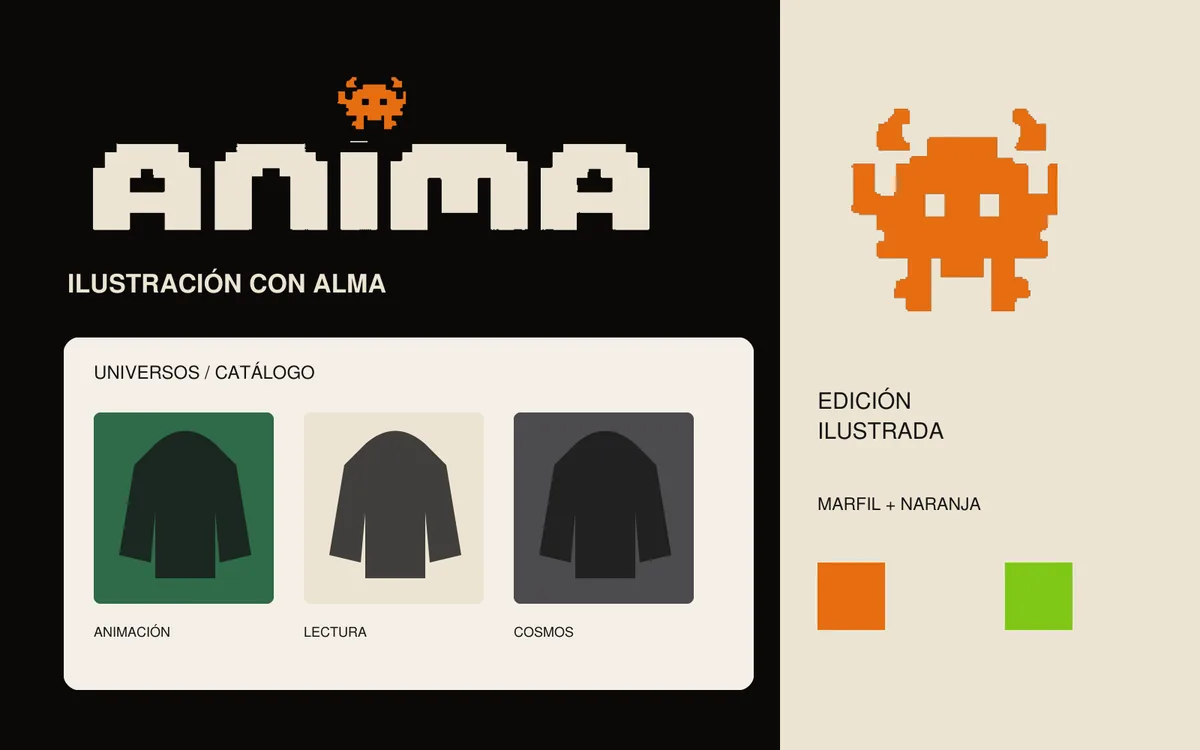 Sistema visual de Anima: logo pixelado en marfil, mascota naranja y catálogo de prendas por universos