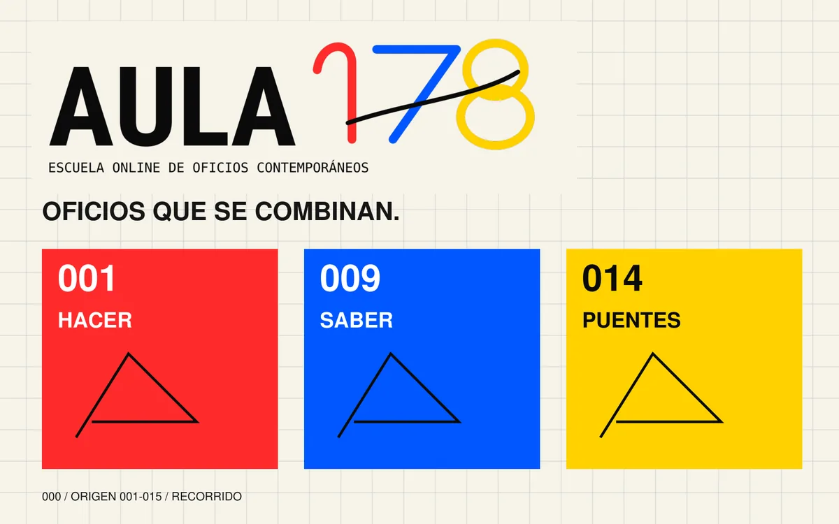 Sistema visual de Aula 178: logo con el 178 en rojo, azul y amarillo, fichas numeradas de oficios