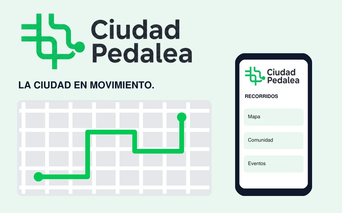 Sistema visual de Ciudad Pedalea: símbolo de ruta en verde, mapa de recorrido y pantalla de la app